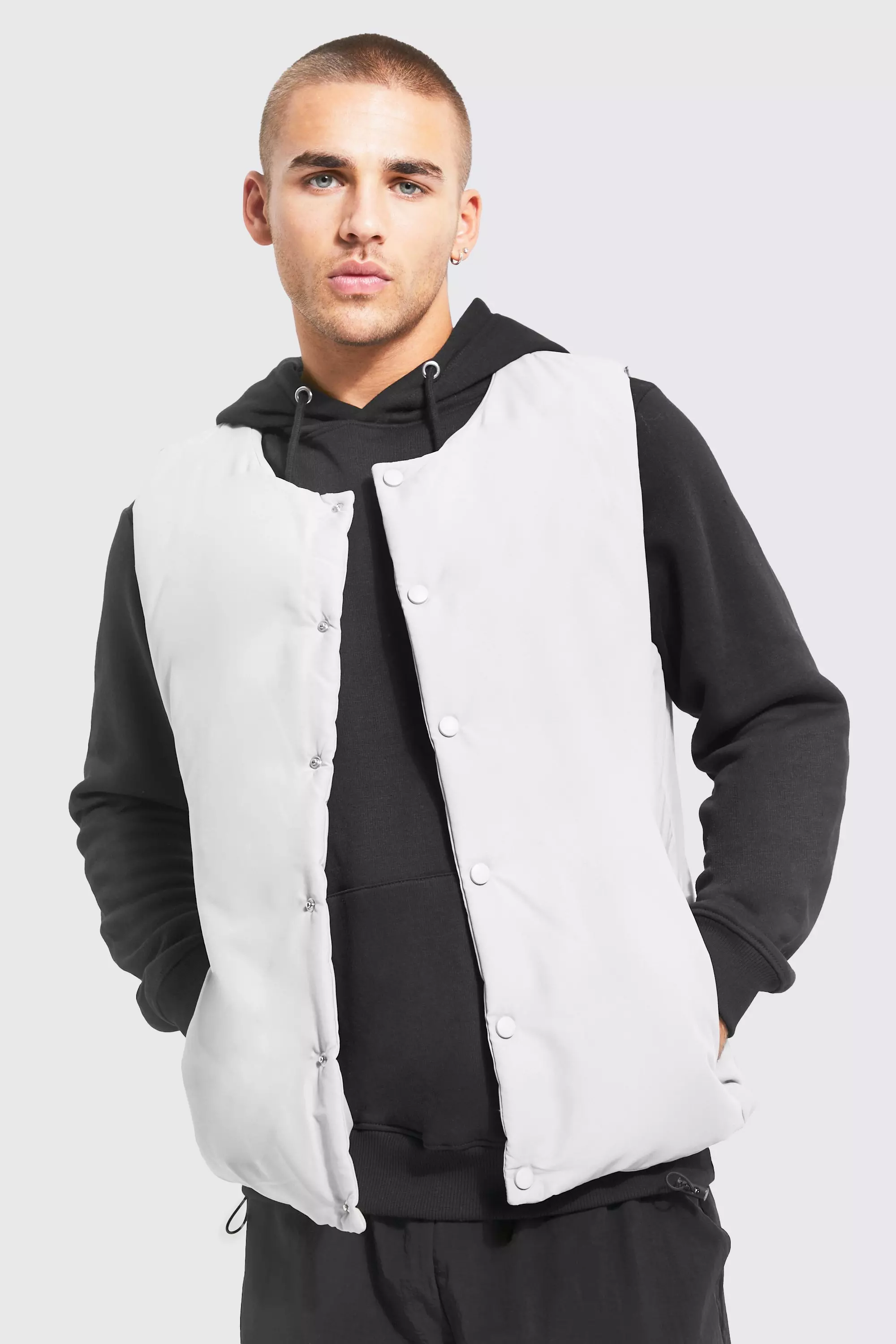 Washed Nylon Quilted Collarless Gilet | boohooMAN UK